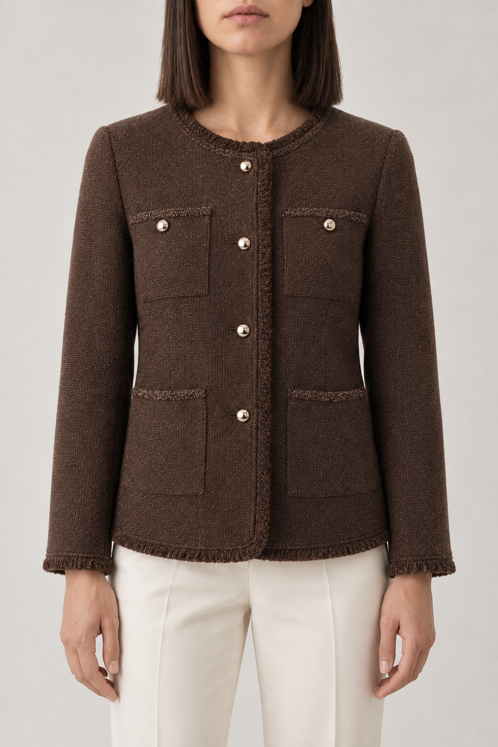 Cashmere Fringe-Trim Tweed Jacket, Poplar Brown, front