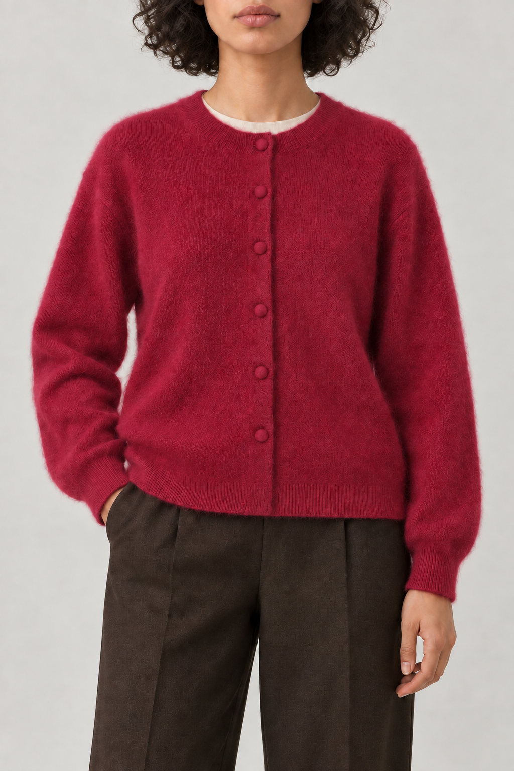 Cashmere Brushed Button Cardigan, Cranberry, front