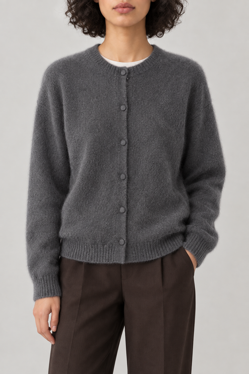 Cashmere Brushed Button Cardigan, Charcoal, front