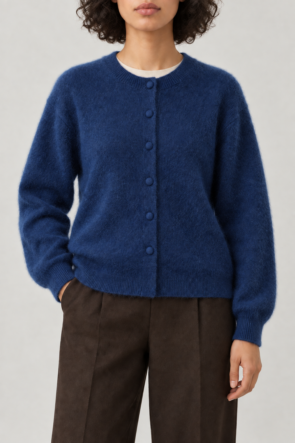 Cashmere Brushed Button Cardigan, Deep Blue, front