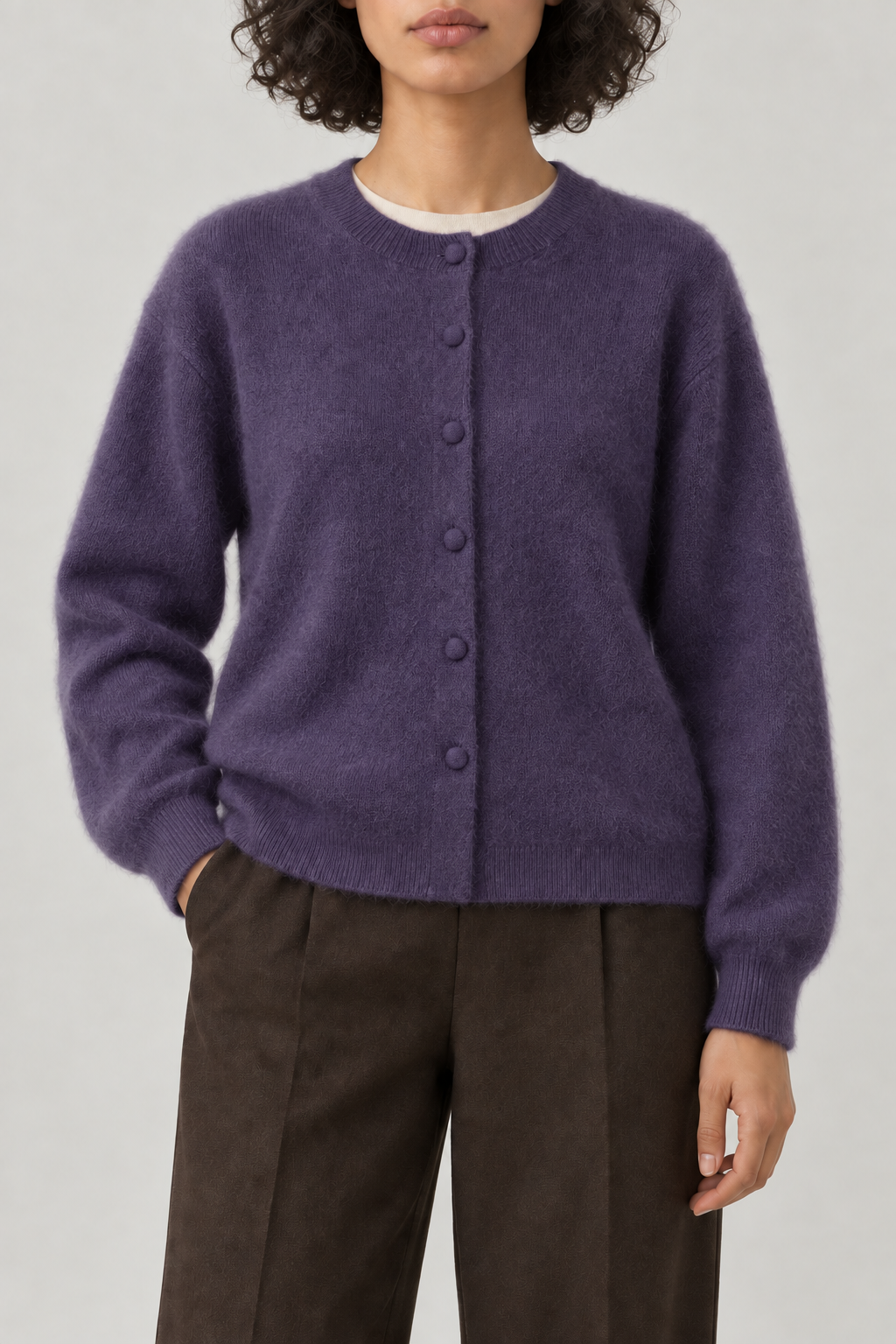 Cashmere Brushed Button Cardigan, Smoky Purple, front