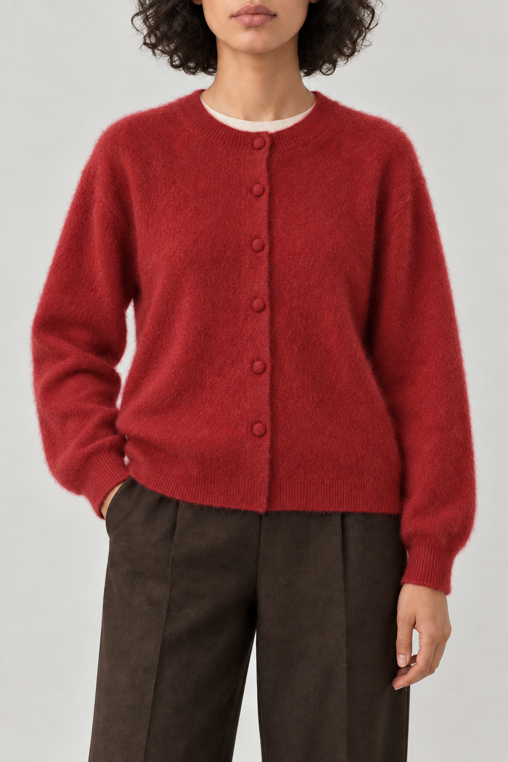 Cashmere Brushed Button Cardigan, Brick Red, front