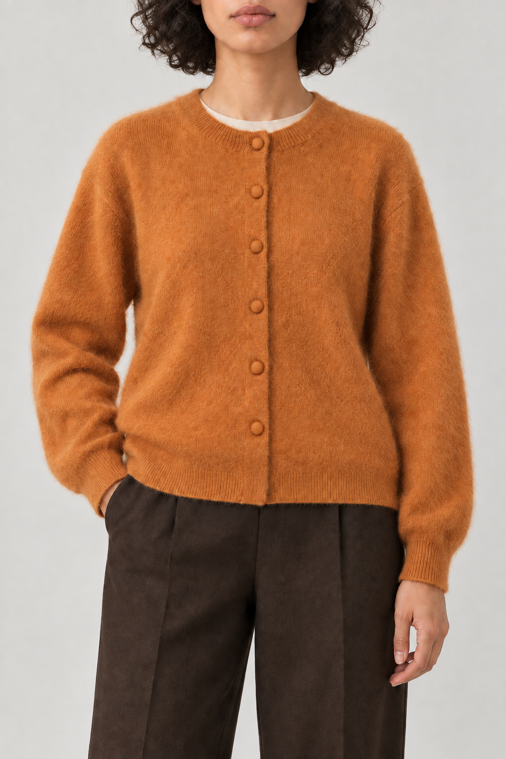 Cashmere Brushed Button Cardigan, Honey Orange, front
