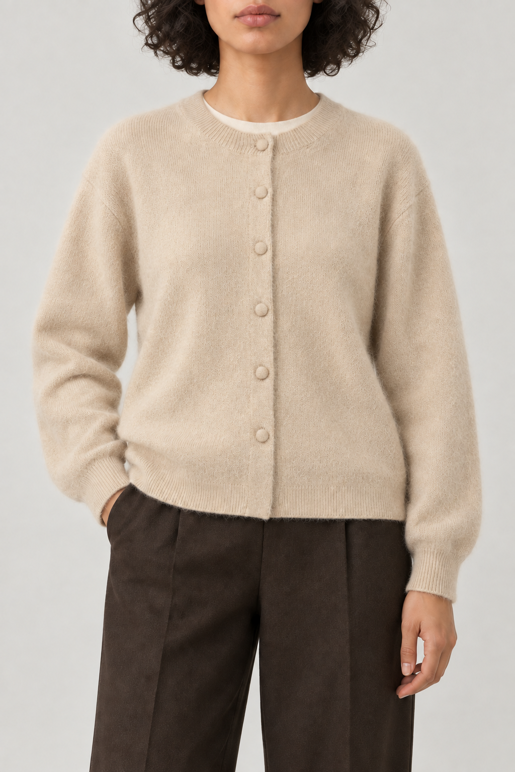Cashmere Brushed Button Cardigan, Oat Beige, front