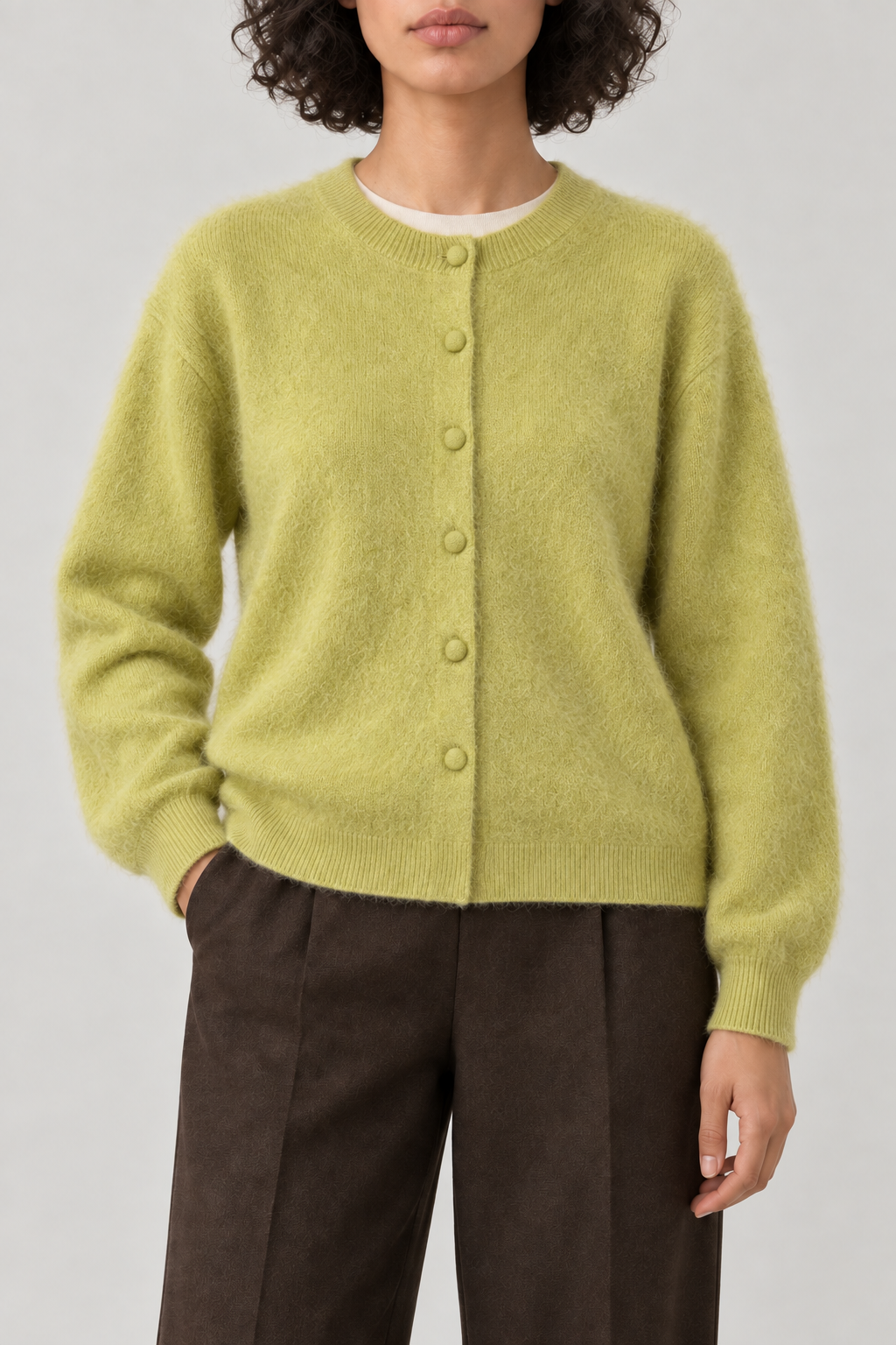 Cashmere Brushed Button Cardigan, Citron Green, front