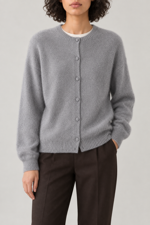Cashmere Brushed Button Cardigan, Light Grey, front