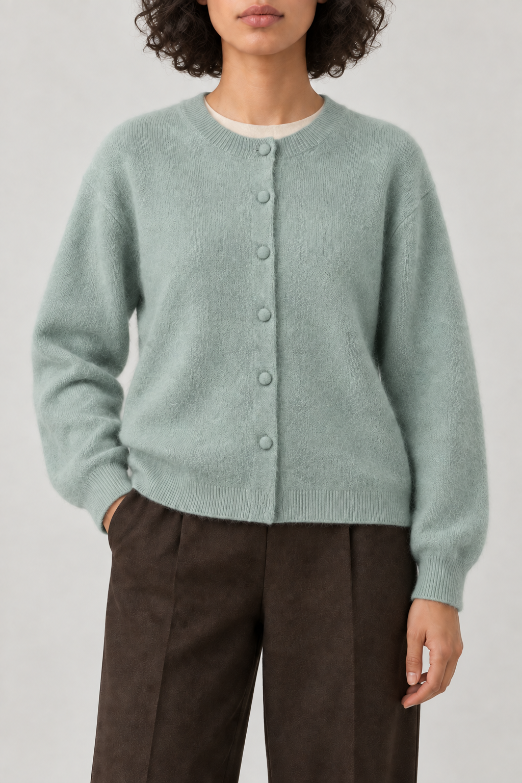 Cashmere Brushed Button Cardigan, Sage Green, front