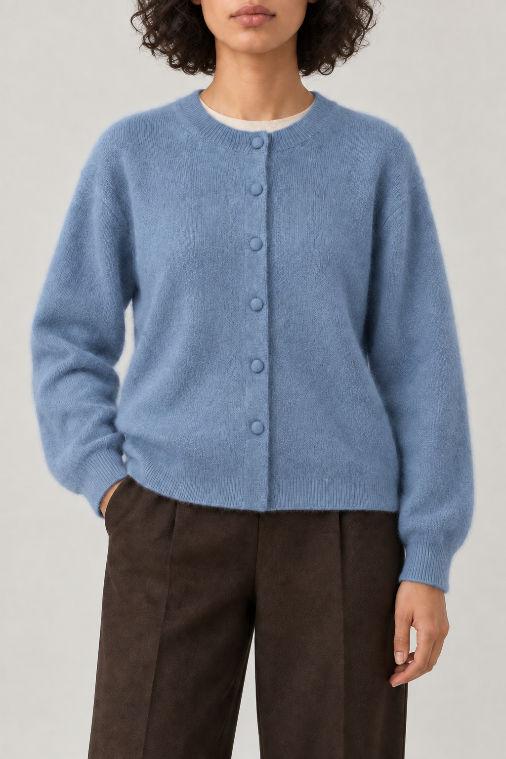 Cashmere Brushed Button Cardigan, Dusty Blue, front