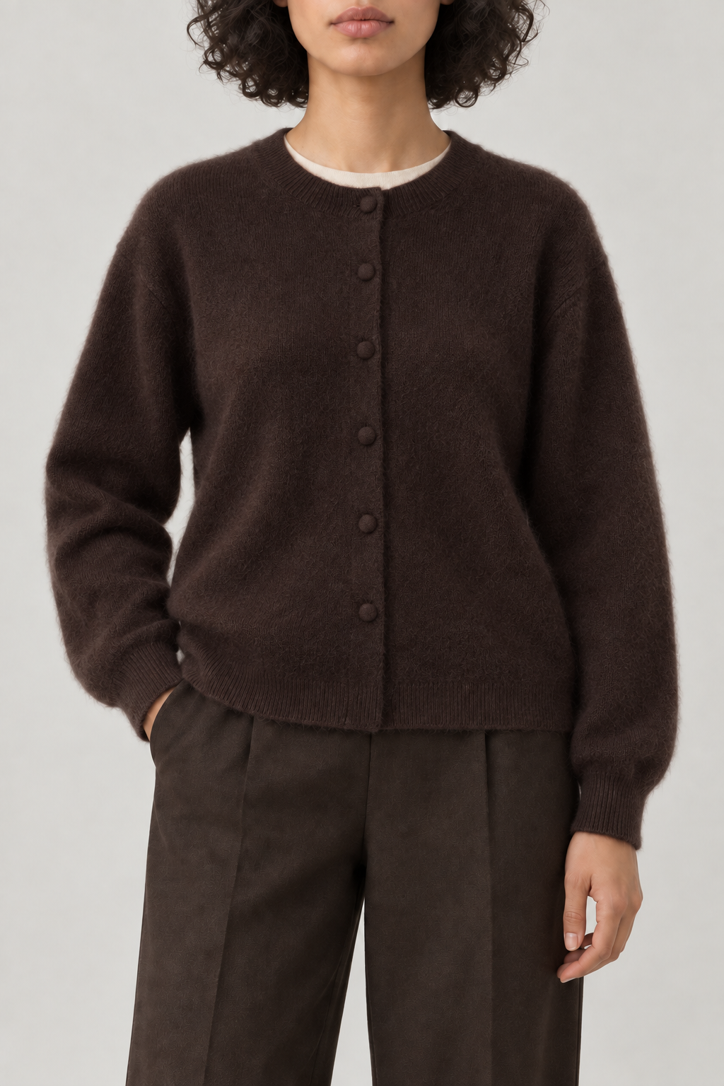 Cashmere Brushed Button Cardigan, Espresso, front