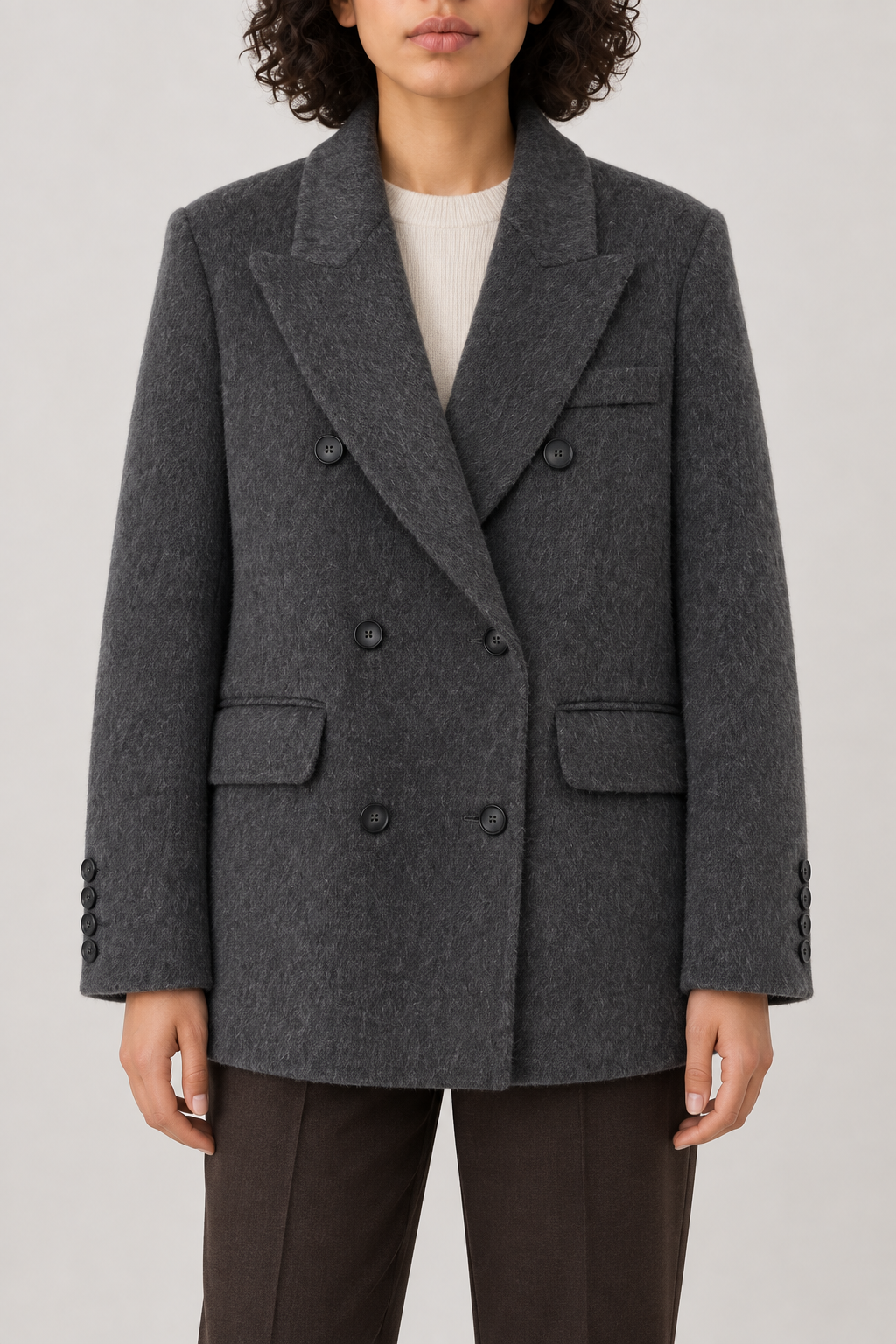 Cashmere Double-Breasted Coat, Charcoal, front