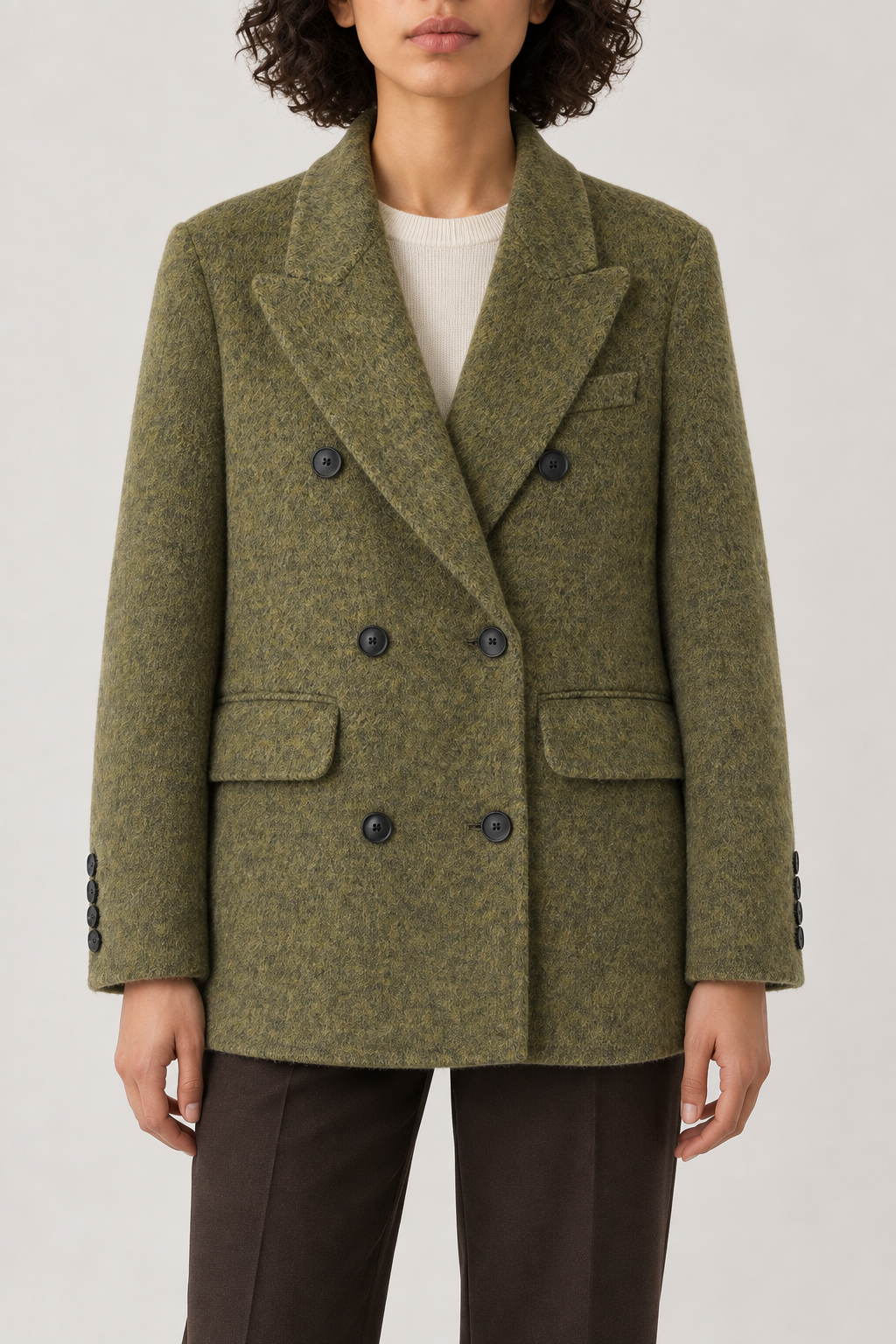 Cashmere Double-Breasted Coat, Moss Green, front