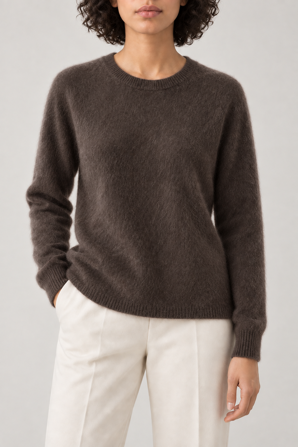 Brushed Crewneck Sweater, Chocolate Brown, front