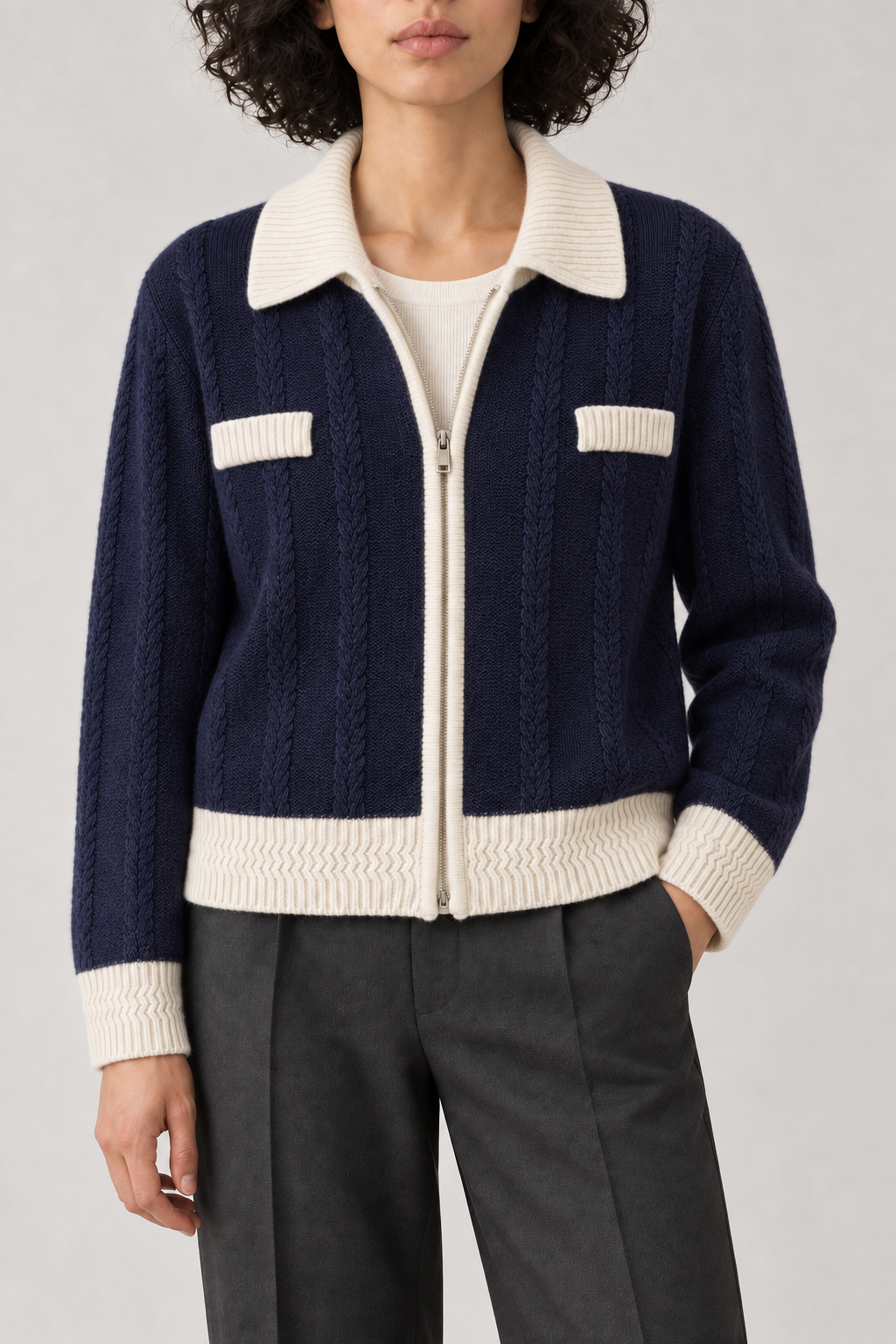 Cashmere Contrast-Collar Zip Jacket, Navy and Ivory, front