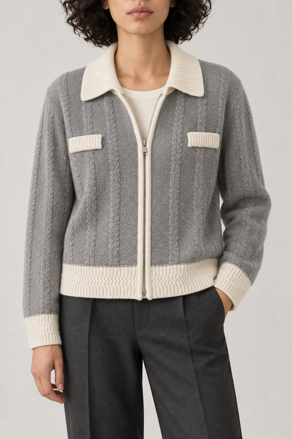 Cashmere Contrast-Collar Zip Jacket, Heather Grey, front