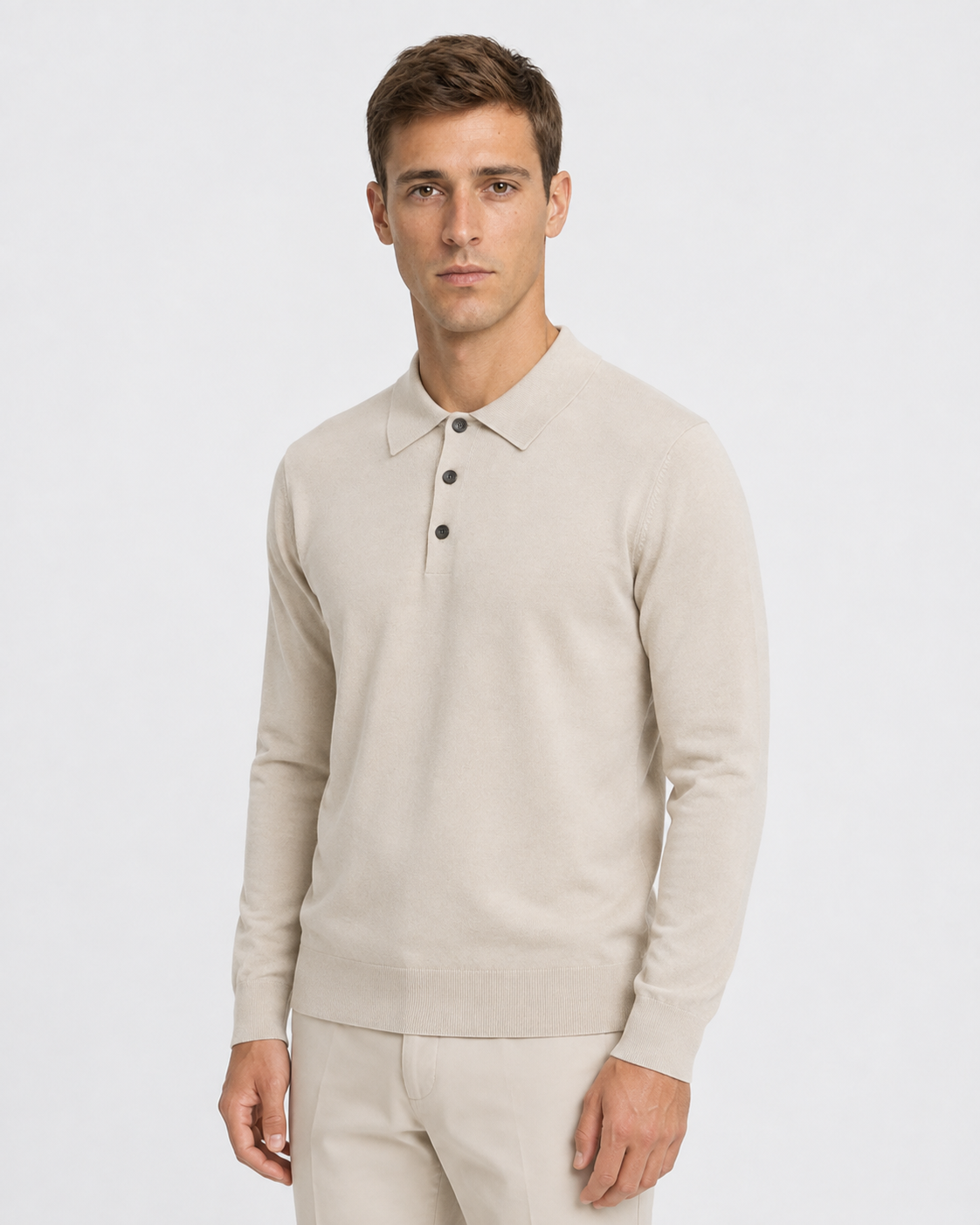 Long-Sleeve Polo, Light oatmeal, threequarter